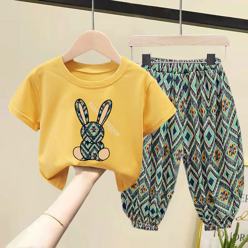 Unisex Cartoon Bunny Printed Yellow T-Shirts and Shorts Set