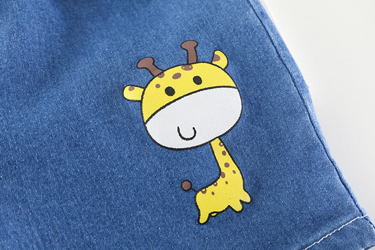 Cute Round Neck Cotton Giraffe Tee with Giraffe Printed Cotton Jeans Short