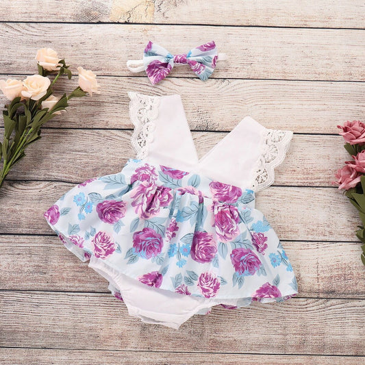 Newborn Baby Girls Clothes Floral Romper Dress with Bow Jumpsuit