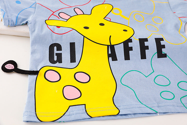 Giraffe Printed Round Neck Shirt With Cotton Jeans Shorts For Kids