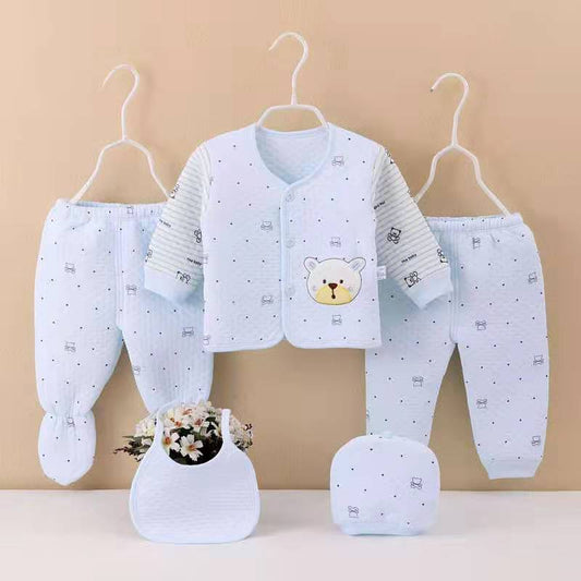 Unisex New Born Baby Pure & Soft Cotton 5 Piece Clothing Embroidered Bear Style Set