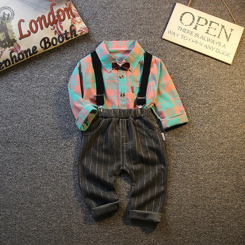 Kid Infant Baby Boy Clothes Gentleman Outfit Long Sleeve Plaid Shirt top Suspender Trousers Formal Green Suit