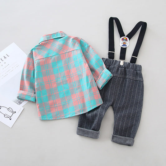 Kid Infant Baby Boy Clothes Gentleman Outfit Long Sleeve Plaid Shirt top Suspender Trousers Formal Green Suit