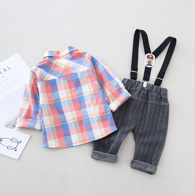 Kid Infant Baby Boy Clothes Gentleman Outfit Long Sleeve Plaid Shirt top Suspender Trousers Formal Suit