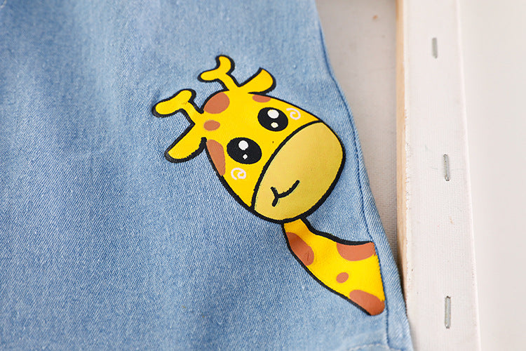 Giraffe Printed Round Neck Shirt With Cotton Jeans Shorts For Kids