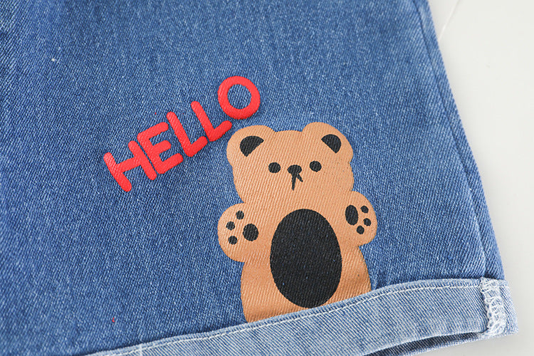 Hello Bear Printed Round Neck Tee With Jeans Shorts For Kids