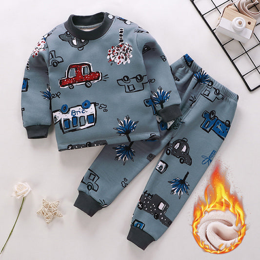 Unisex Warm Pajamas Sets Car Printed O-Neck Winter Track Suits