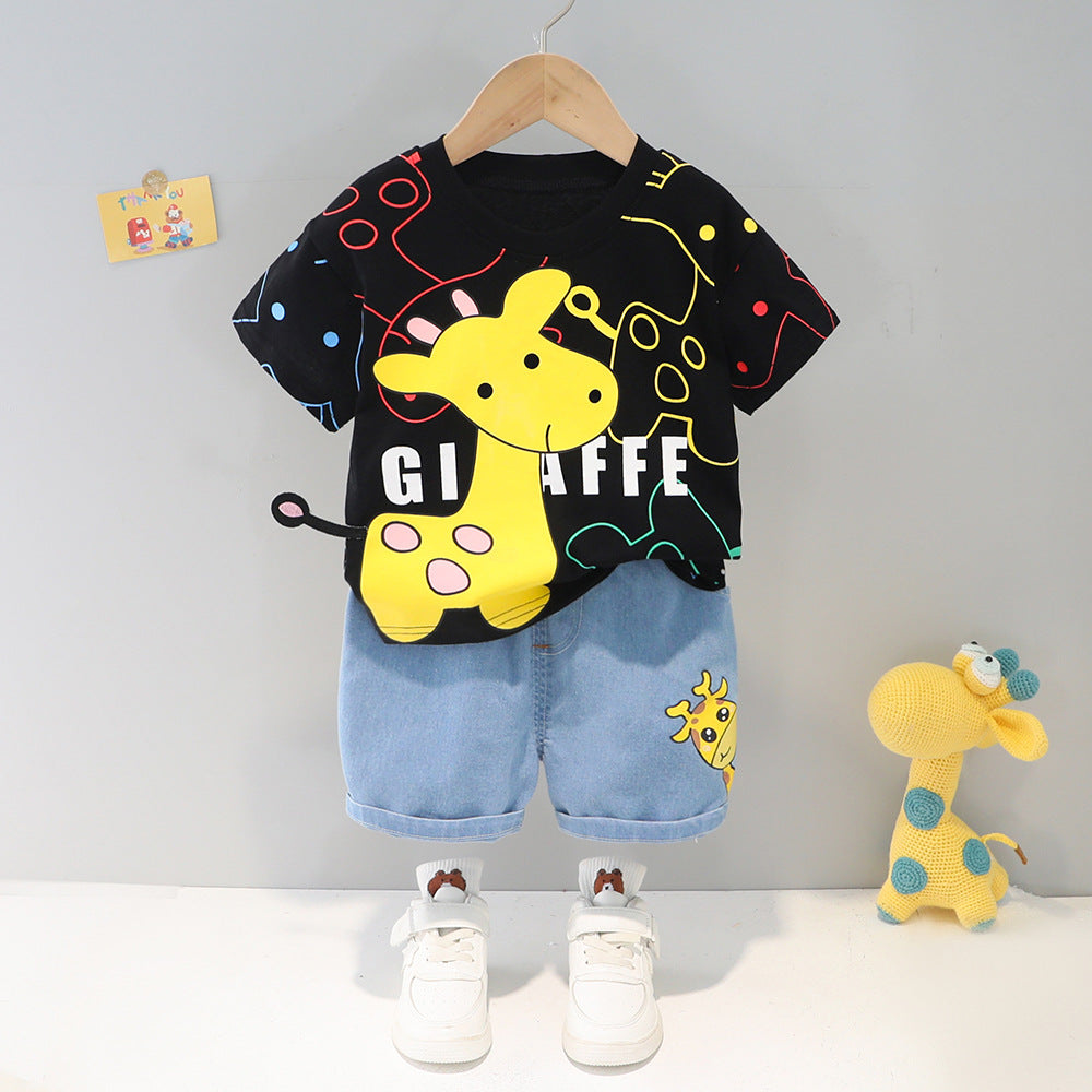 Giraffe Printed Round Neck Shirt With Cotton Jeans Shorts For Kids