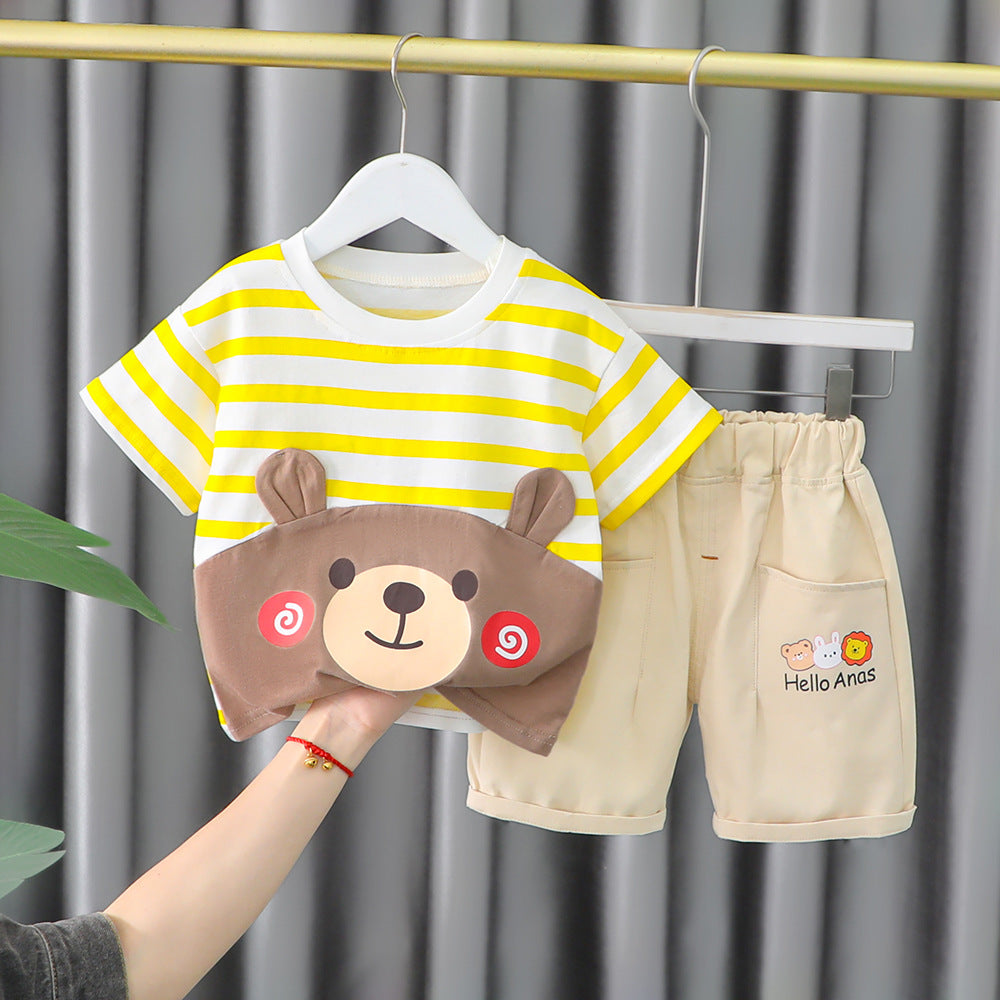 Cute Bear Round Neck Striped Shirt With Soft Cotton Shorts For Kids.