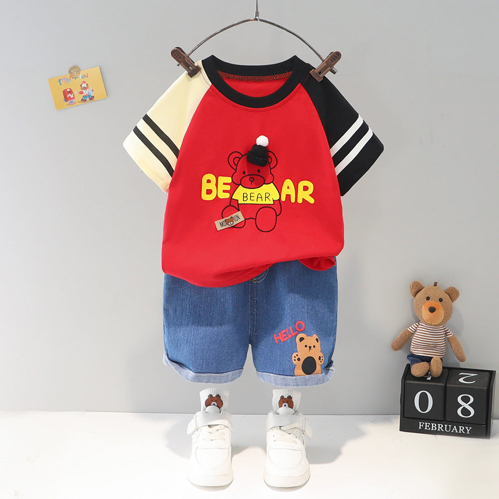 Hello Bear Printed Round Neck Tee With Jeans Shorts For Kids