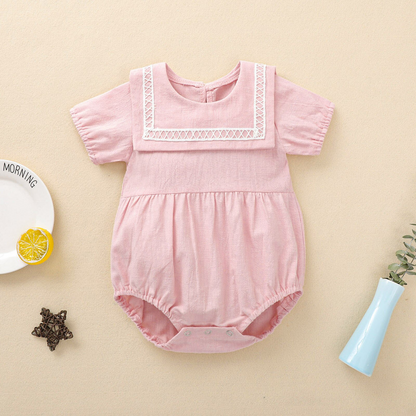 Newborn Baby Girls Short Sleeve Pink/Maroon Solid Linen Romper 6-12 months