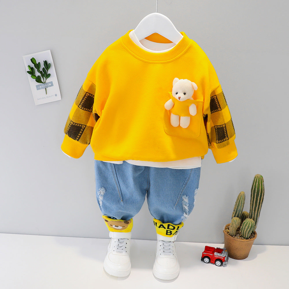 Unisex Bear Decoration Long Sleeve T-Shirt Pants 2pcs Set for 6m-4years