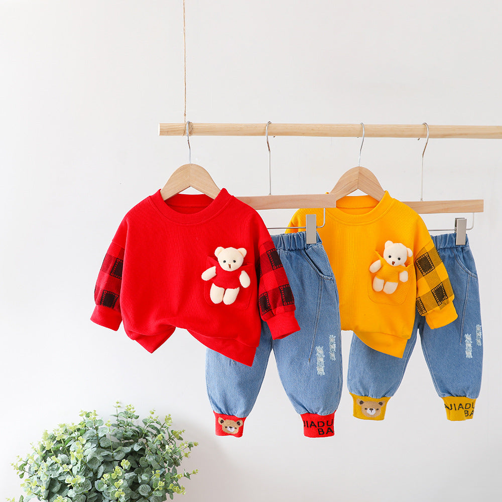 Unisex Bear Decoration Long Sleeve T-Shirt Pants 2pcs Set for 6m-4years