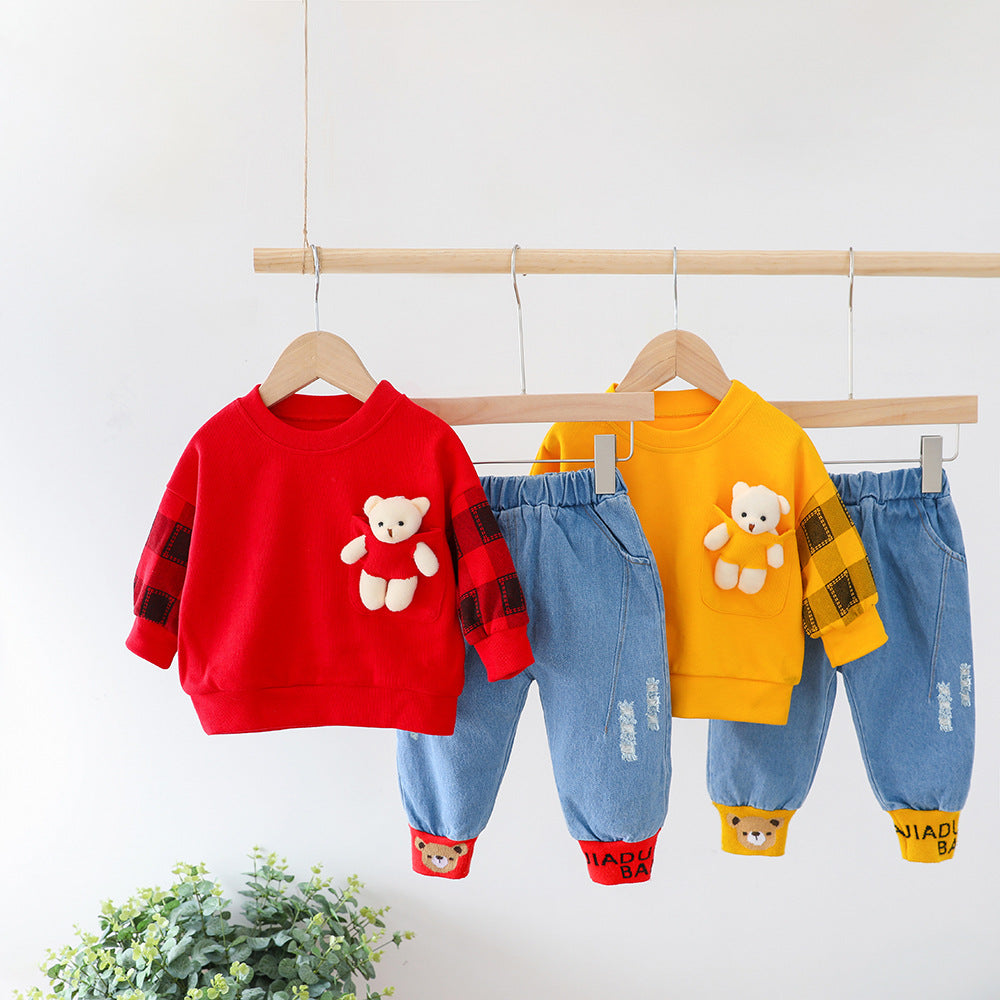 Unisex Bear Decoration Long Sleeve T-Shirt Pants 2pcs Set for 6m-4years