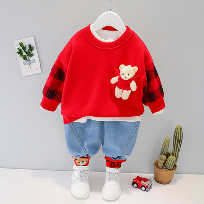 Unisex Bear Decoration Long Sleeve T-Shirt Pants 2pcs Set for 6m-4years