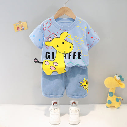 Giraffe Printed Round Neck Shirt With Cotton Jeans Shorts For Kids