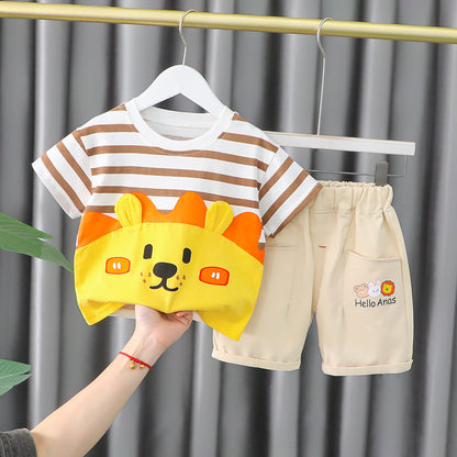 Cute Bear Round Neck Striped Shirt With Soft Cotton Shorts For Kids.