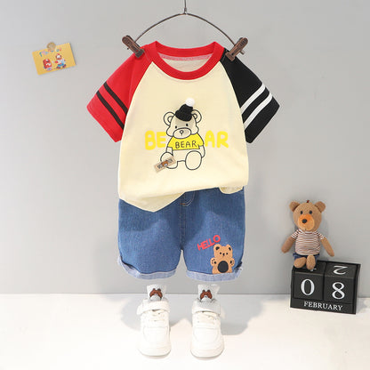 Hello Bear Printed Round Neck Tee With Jeans Shorts For Kids