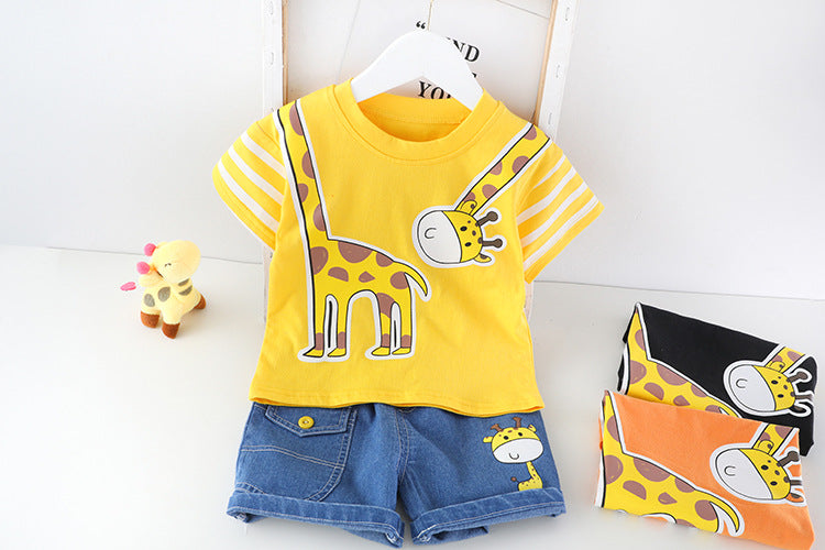 Cute Round Neck Cotton Giraffe Tee with Giraffe Printed Cotton Jeans Short