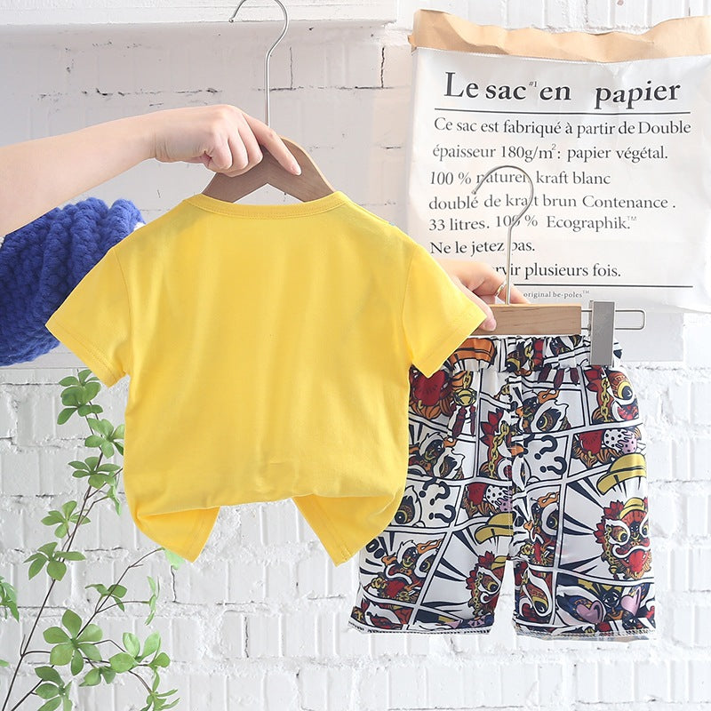 Cute Tiger Printed Short Sleeve Shirt With Printed Shorts 2-Piece Set For Kids