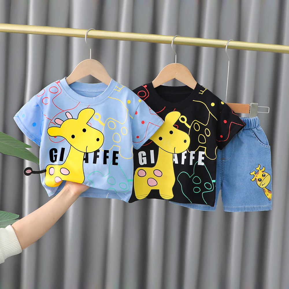 Giraffe Printed Round Neck Shirt With Cotton Jeans Shorts For Kids