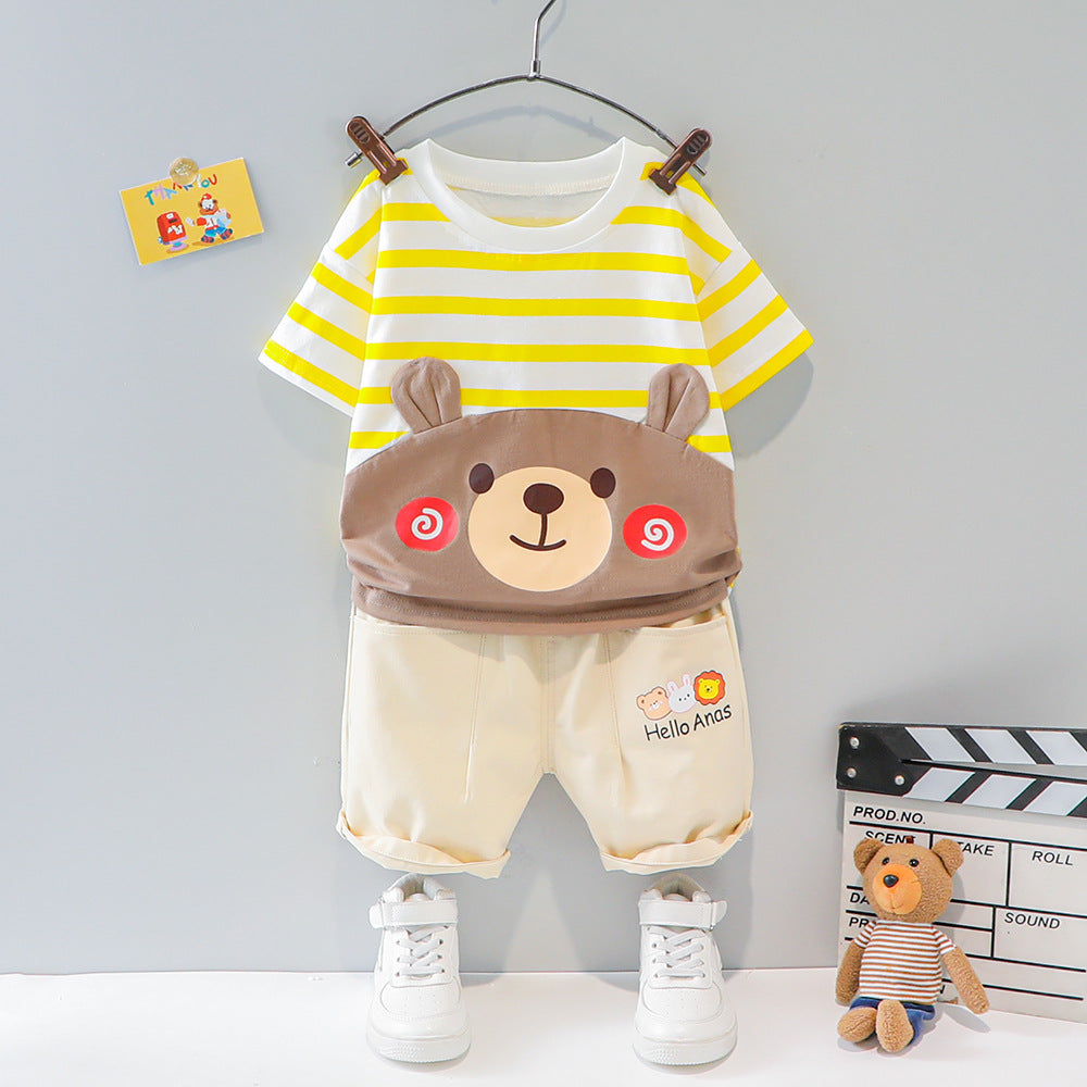 Cute Bear Round Neck Striped Shirt With Soft Cotton Shorts For Kids.