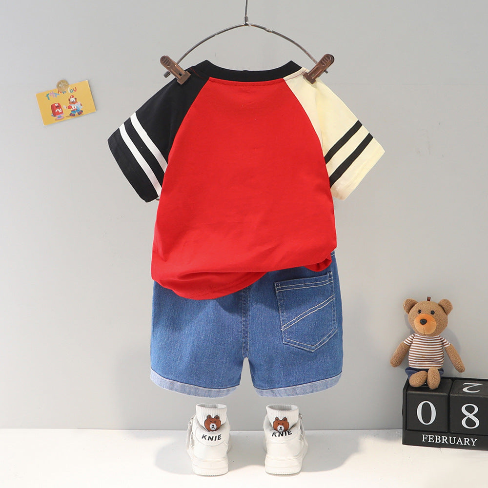 Hello Bear Printed Round Neck Tee With Jeans Shorts For Kids