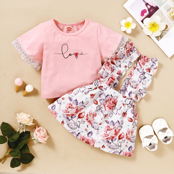 Girls Letter Tops with Floral Print Suspender Skirts Outfits Set