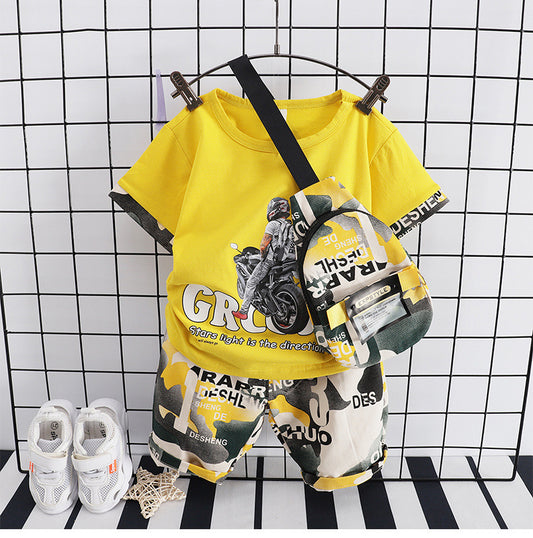 Fashion Motorcycle Backpack Short-Sleeved Baby Casual Yellow Color Two-Piece Dress for Boys