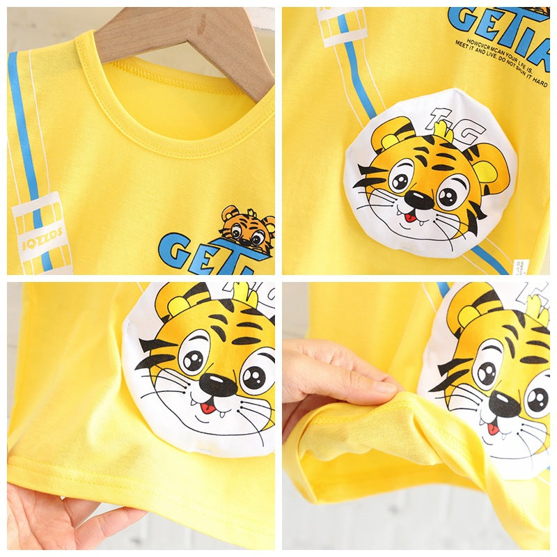 Cute Tiger Printed Short Sleeve Shirt With Printed Shorts 2-Piece Set For Kids