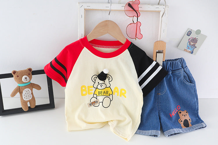 Hello Bear Printed Round Neck Tee With Jeans Shorts For Kids