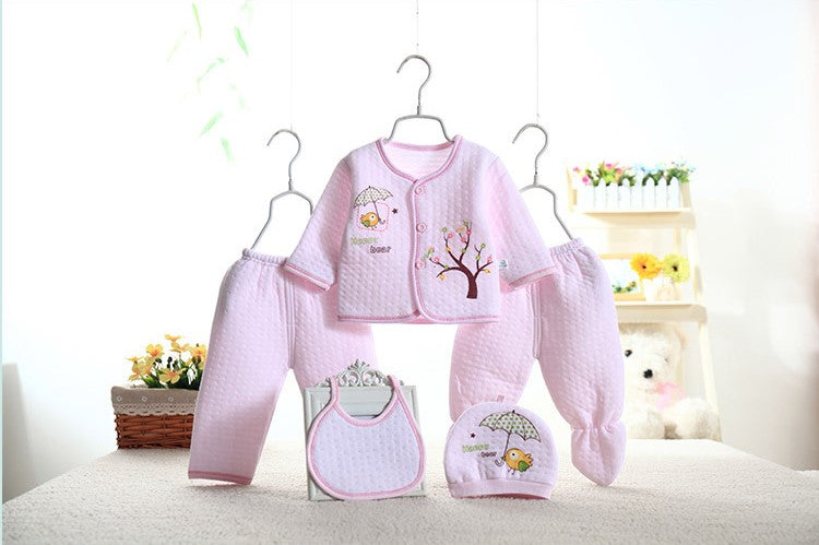 Unisex New Born Baby Pure & Soft Cotton 5 Piece Clothing Pink Tree Style Winter Set