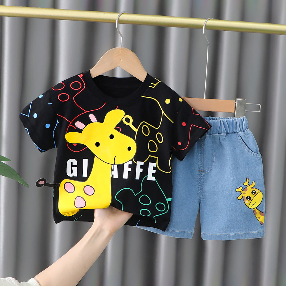 Giraffe Printed Round Neck Shirt With Cotton Jeans Shorts For Kids