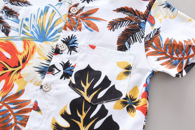 Summer Leaves Printed Short-Sleeved Shirt with Leaf Extension Cotton Shorts