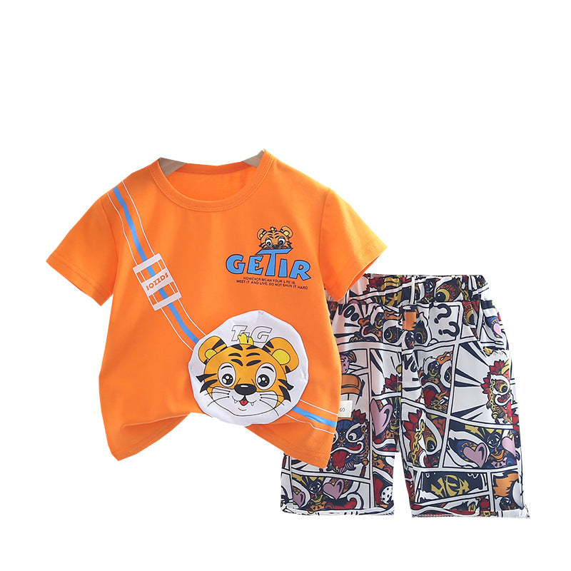 Cute Tiger Printed Short Sleeve Shirt With Printed Shorts 2-Piece Set For Kids