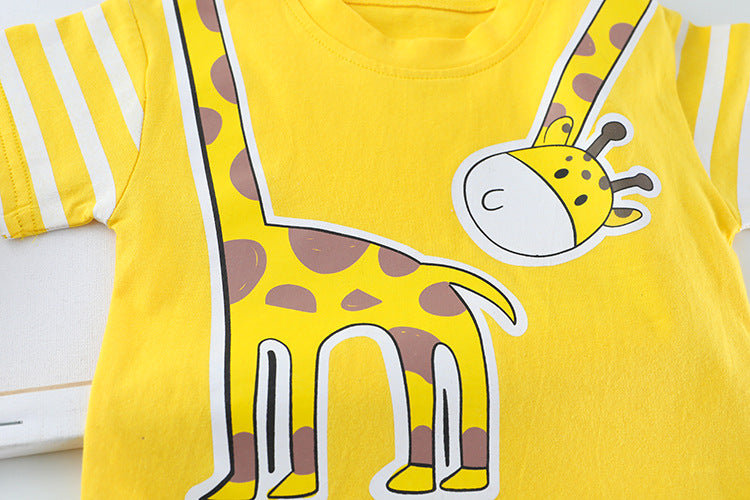 Cute Round Neck Cotton Giraffe Tee with Giraffe Printed Cotton Jeans Short