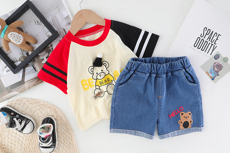 Hello Bear Printed Round Neck Tee With Jeans Shorts For Kids