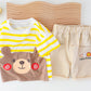 Cute Bear Round Neck Striped Shirt With Soft Cotton Shorts For Kids.