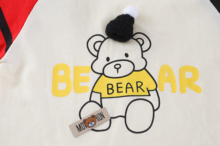 Hello Bear Printed Round Neck Tee With Jeans Shorts For Kids