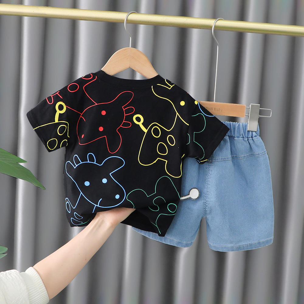 Giraffe Printed Round Neck Shirt With Cotton Jeans Shorts For Kids