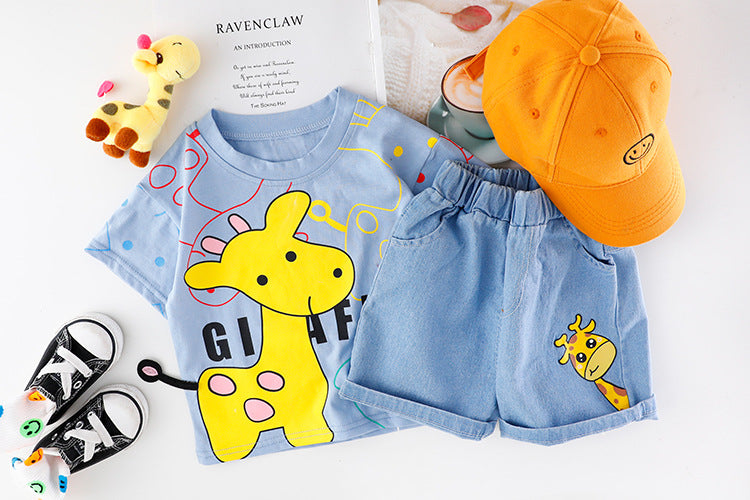 Giraffe Printed Round Neck Shirt With Cotton Jeans Shorts For Kids