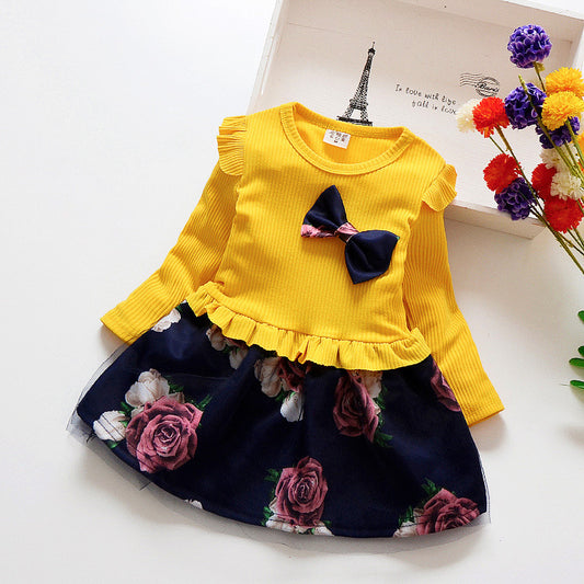 Spring/Autumn Girl Net Princess Flower Dress With Long Sleeves Yellow Color