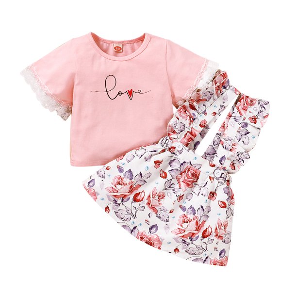 Girls Letter Tops with Floral Print Suspender Skirts Outfits Set