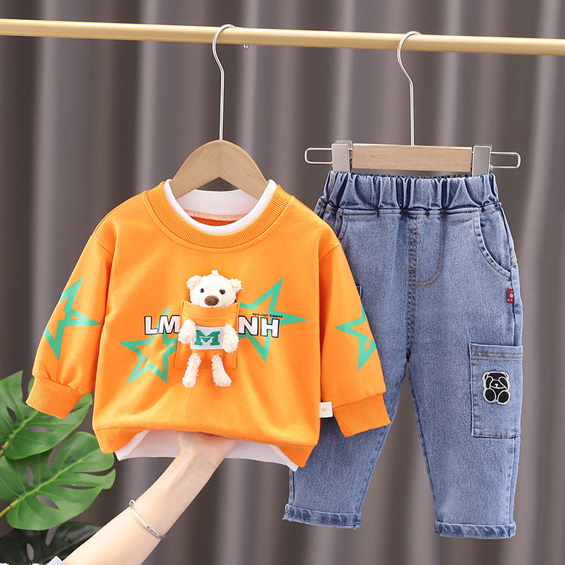 Cute Unisex Spring 3D Bear Full Sleeve Shirt with Denim Pants 6m-3.5years