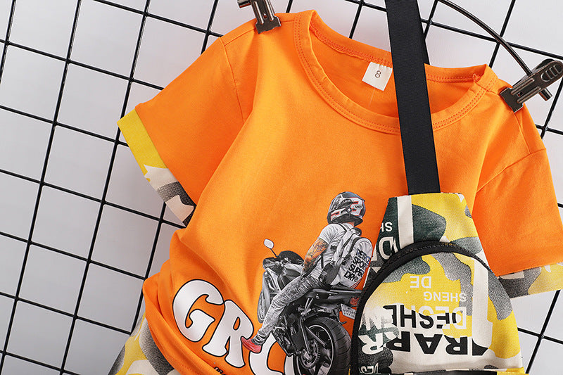 Fashion Motorcycle Backpack Short-Sleeved Baby Casual Orange Color Two-Piece Dress for Boys