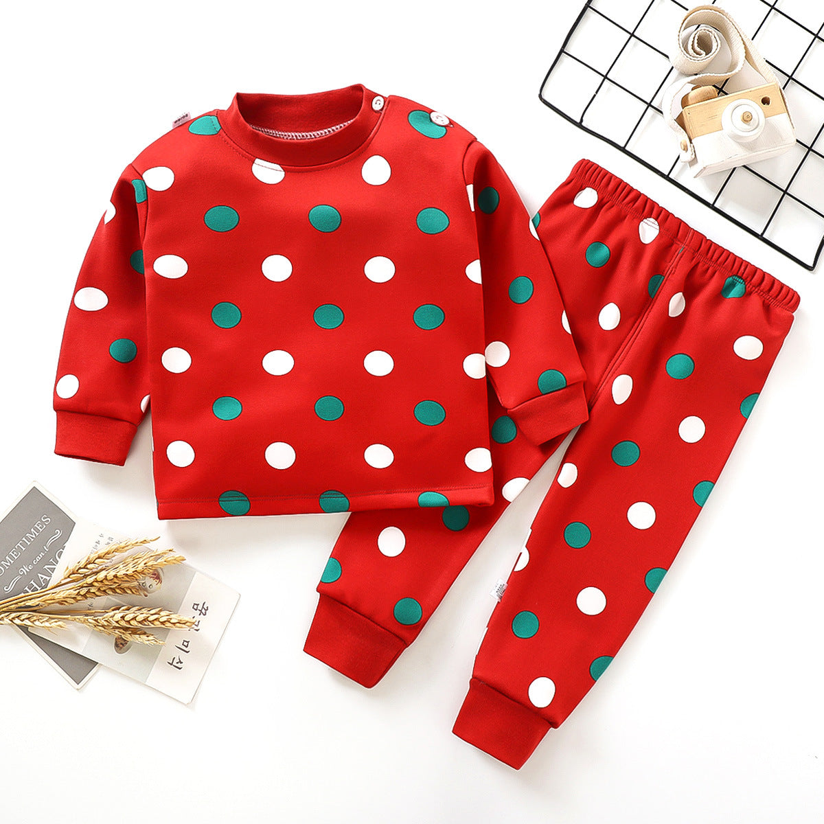 Unisex Warm Pajamas Sets Cute Dots Printed O-Neck Winter Track Suits