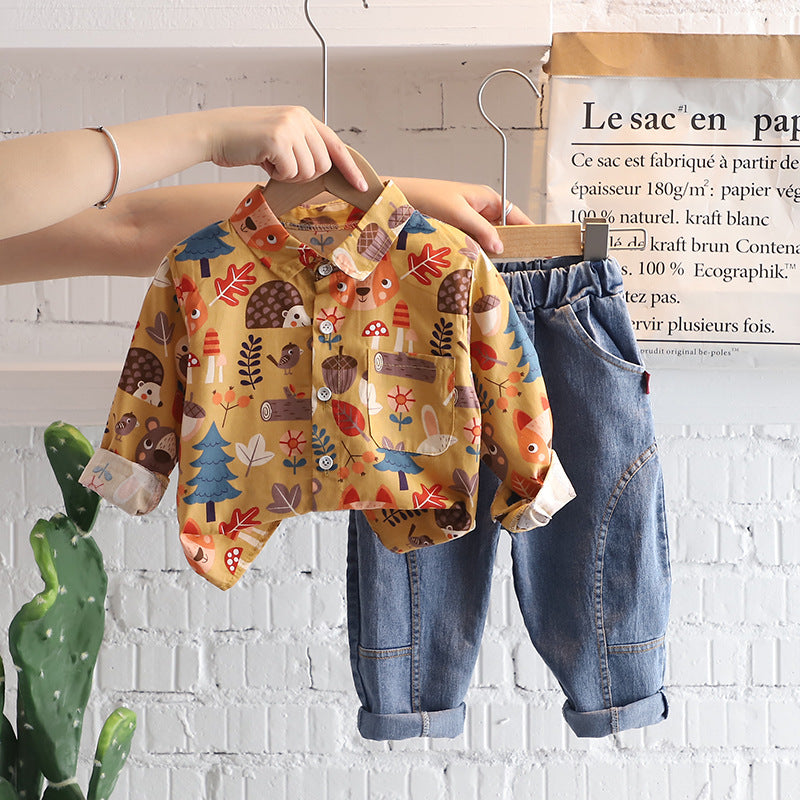 Cute Print Long Sleeve Shirt with Denim Jeans Two Color For 1-4.5 Years