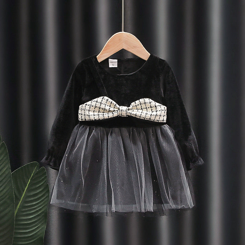 Baby Girl Velvet Panel Check Bow Front Dress