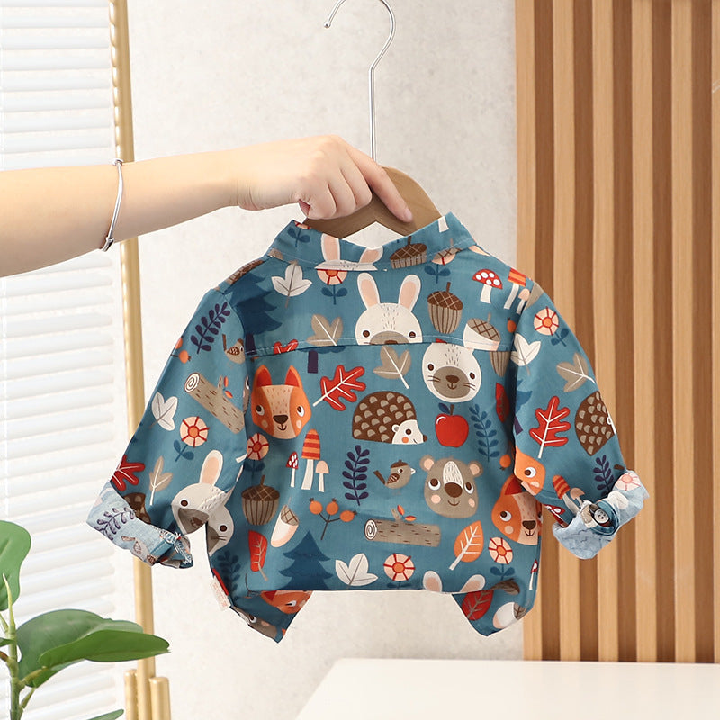 Cute Print Long Sleeve Shirt with Denim Jeans Two Color For 1-4.5 Years