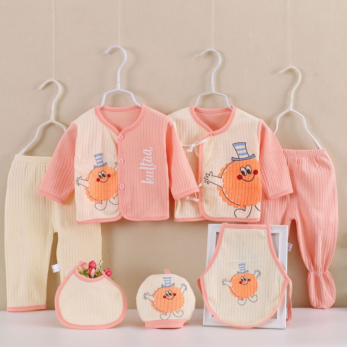 Unisex New Born Baby Pure & Soft Cotton Pink Elf Style 7 Piece Clothing Set